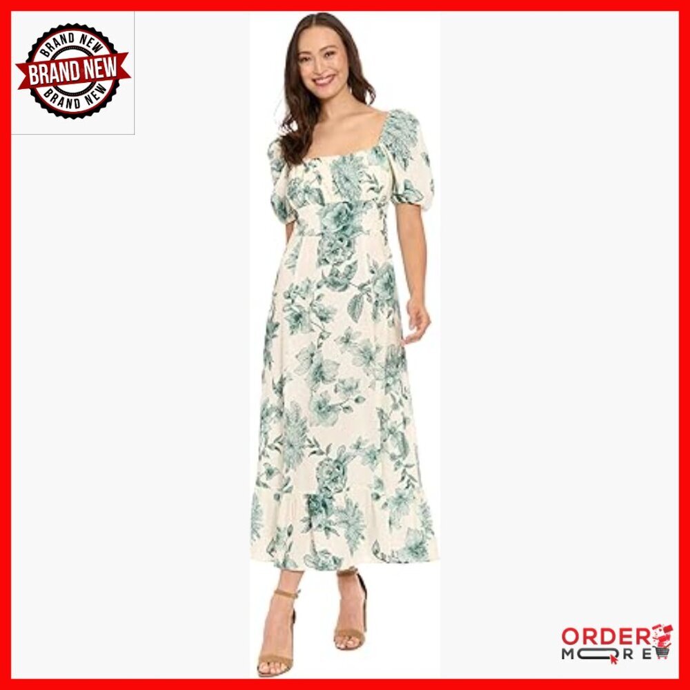 Linen Rayon Maxi Dress with Square Neck Puff Sleeves for Wedding Guest